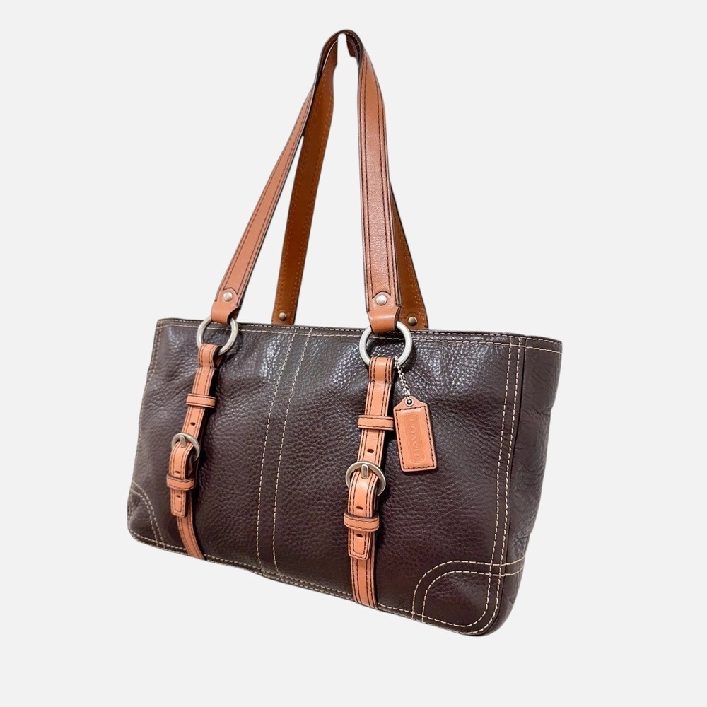 Coach Chelsea Tote Bag Chocolate Brown Pebbled Leather Tan Trim Y2K 12339 - Picture 4 of 16